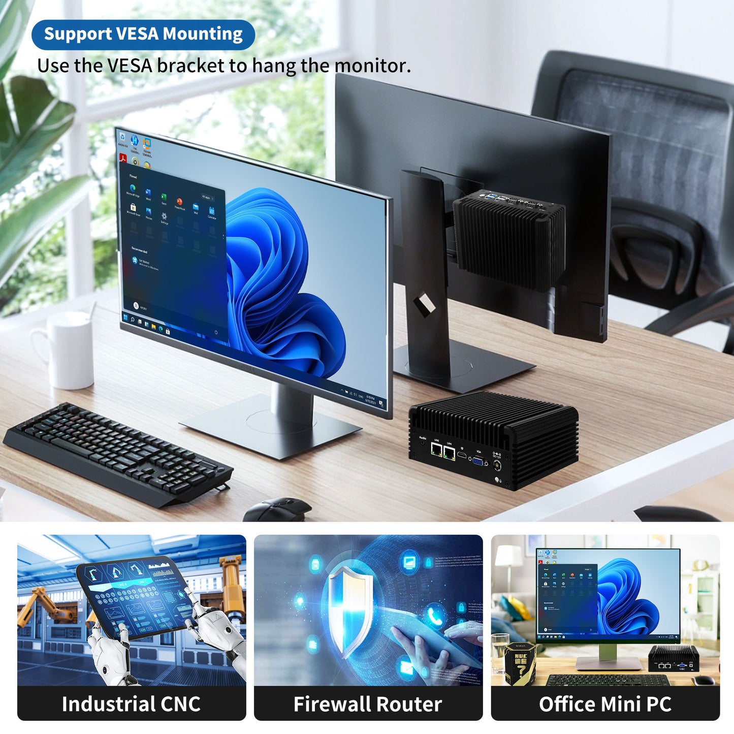 CWWK Firewall Mini PC Low Power Celeron N2840, Fanless Industrial Computer with Dual COM RS232, 2 x RJ45 Gigabit LAN Micro Desktop Computer with 8GB RAM 64GB SSD, HD, VGA, WiFi5/BT4.2