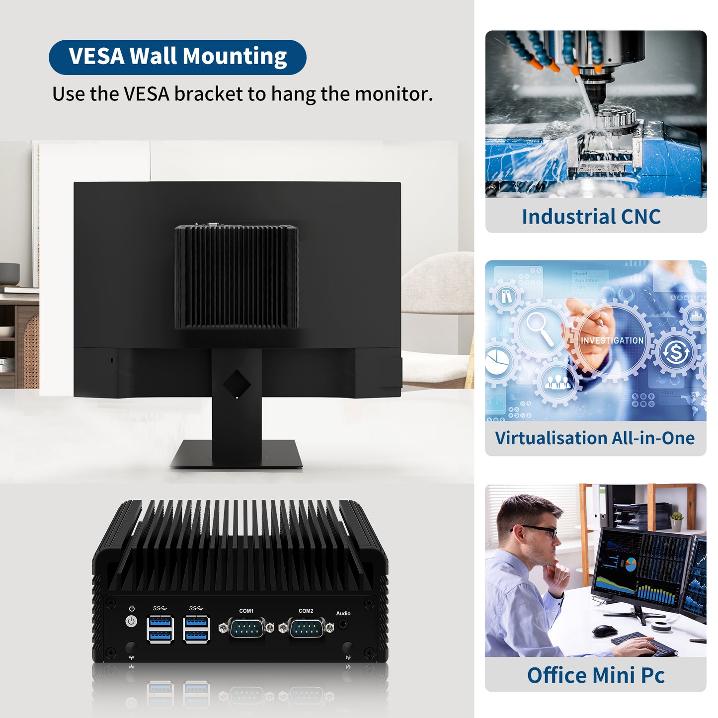 CWWK Firewall Mini PC, Core i5 5200U/Celeron N5105 Fanless Industrial Computer, 2 Port 2.5GbE i226V LAN, 2 × COM RS232 Serial Port, 8GB RAM 256GB SSD, Support WinOS, Linux, Wifi/BT, VGA, SIM slot
