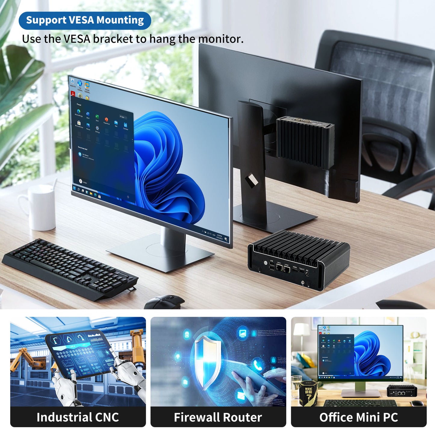 CWWK Fanless Mini PC Celeron N5105, Win 11 Pro Industrial Computer with Dual COM RS232, 2X i225V 2.5GbE LAN Micro Desktop Computer with 8GB RAM 64GB SSD, HD, Type-C, WiFi5/BT4.2