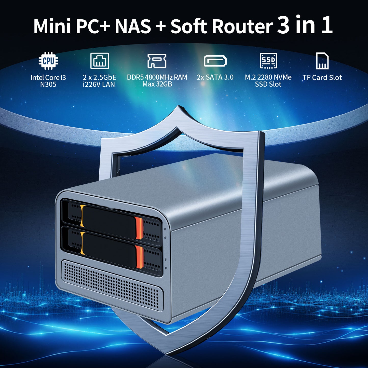 CWWK Mini PC NAS Core i3 N305, Octa Core 2 Bay Network Storage Server, 3-in-1 Micro Computer, 2 Port I226V 2.5GB LAN, Soft Router, MiniSD, 32GB DDR5 RAM 512GB M.2 NVME SSD(NO HDD)