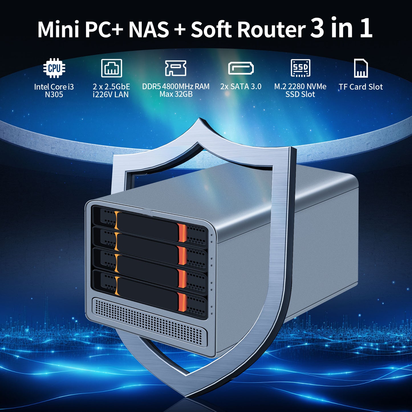 CWWK Mini PC NAS Core i3 N305, Octa Core 4 Bay Network Storage Server, 3-in-1 Micro Computer, 2 Port I226V 2.5GB LAN, Soft Router, MiniSD, 8GB DDR5 RAM 128GB M.2 NVME SSD(NO HDD)