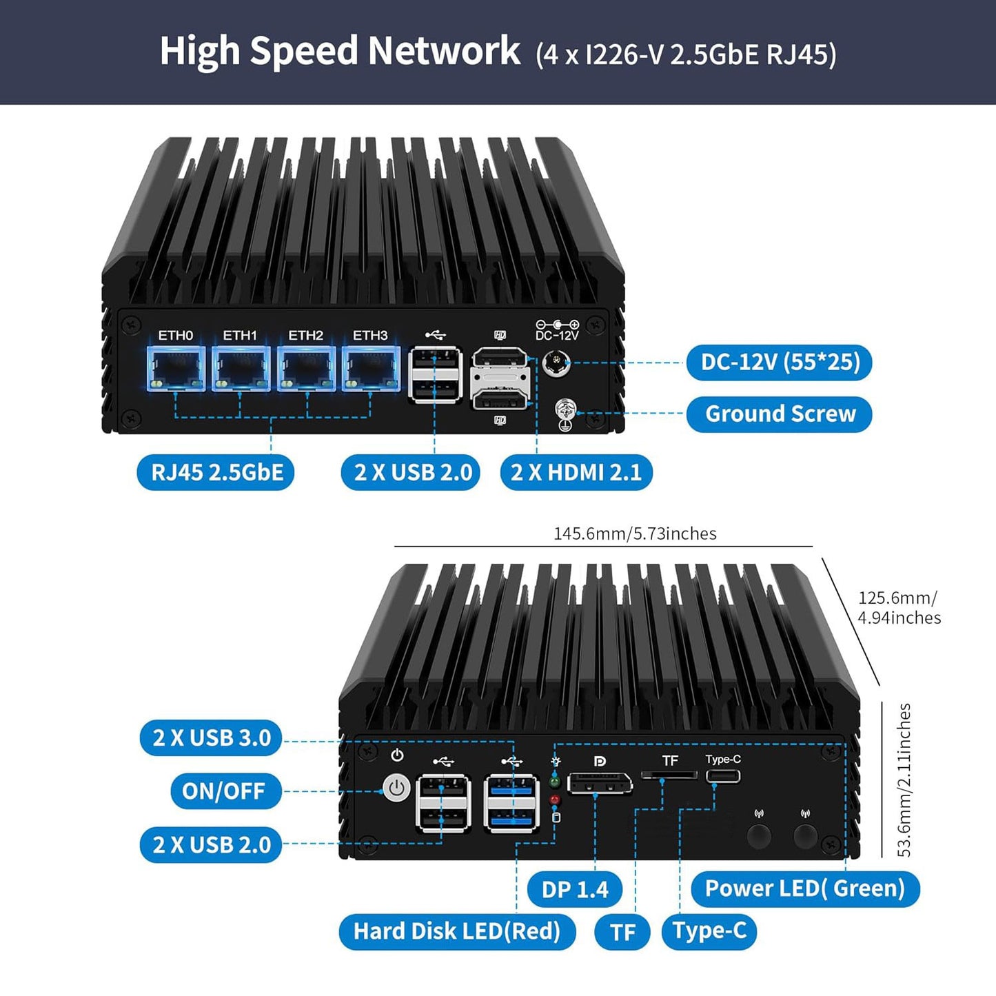 (Second-hand) N305 Mini PC Firewall Appliance, OPNsense Mini Computer with 4 x i226-V 2.5GbE LAN, F1 Fanless Micro PC Barebone DDR5 SSD, 2*HD+DP+Type-C 4K Display, TF, AES-NI