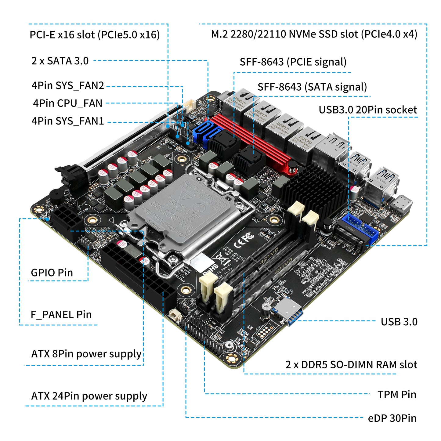 CWWK NAS Motherboard with 6 Bay SATA3.0, Q670 Mini ITX Mainboard LGA 1700, Soft Router Board DDR5 with 6xM.2 NVMe, i226-LM 2.5GbE, PCIe5.0 x16, 8GB RAM 128GB SSD (with Cable)