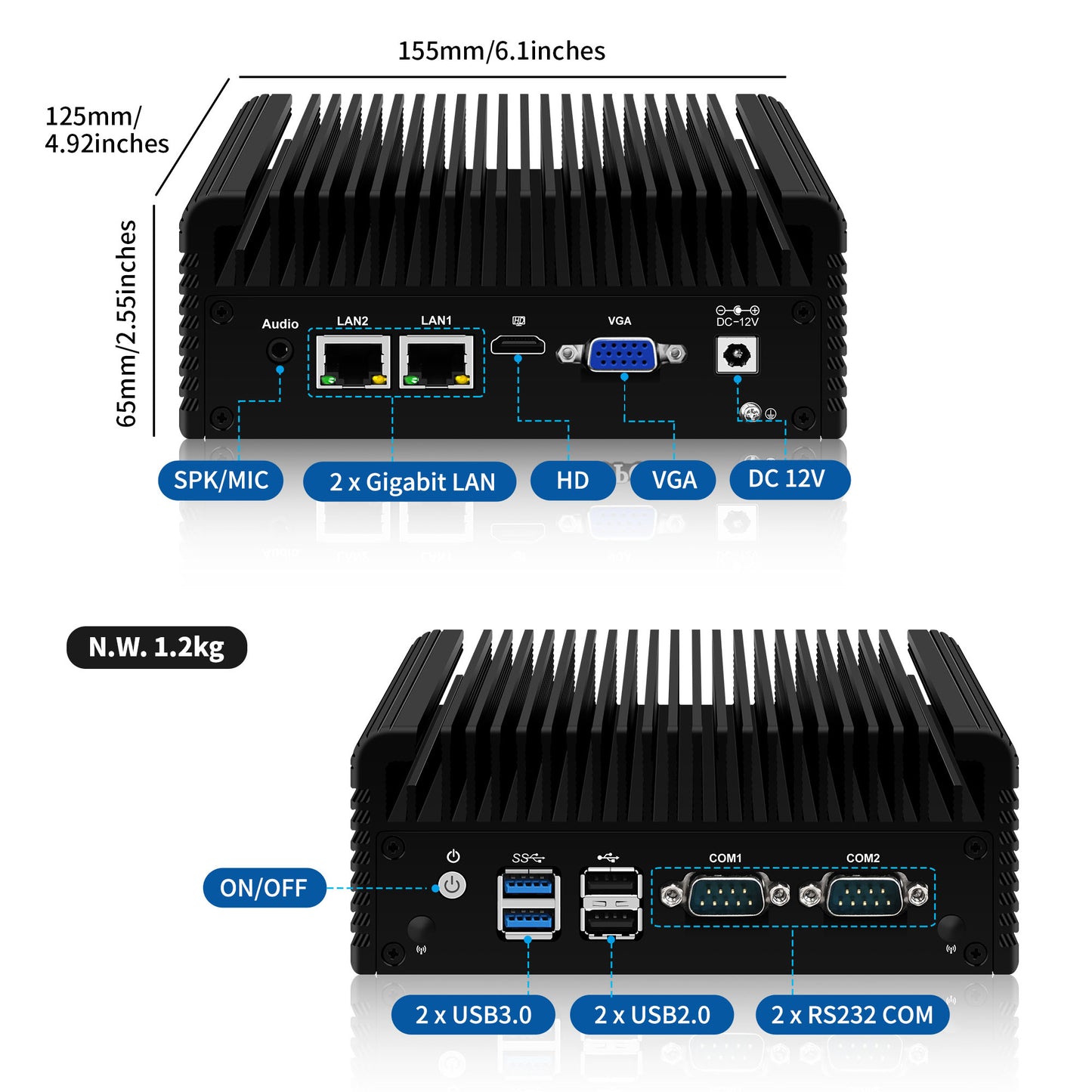 CWWK Firewall Mini PC Low Power Celeron N2840, Fanless Industrial Computer with Dual COM RS232, 2 x RJ45 Gigabit LAN Micro Desktop Computer with 8GB RAM 64GB SSD, HD, VGA, WiFi5/BT4.2