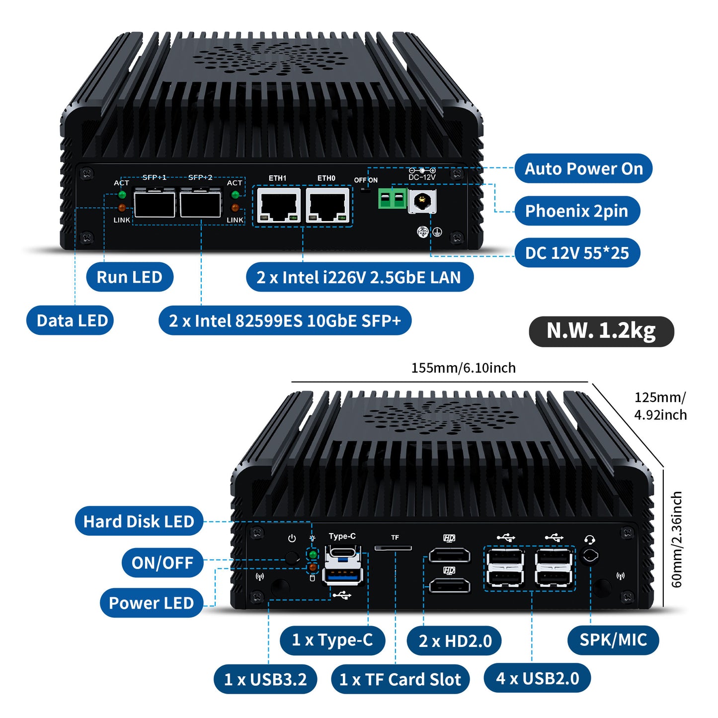 CWWK Micro Firewall Applicance Dual 10Gbe Mini PC 12th Gen Octa Core i3 N305/ N100, 2X i226V 2.5GbE LAN, 2xSFP+ 10Gbps, Support OPNsense, TF, 2xHD, Type-C, DDR5 RAM M.2 NVMe SSD