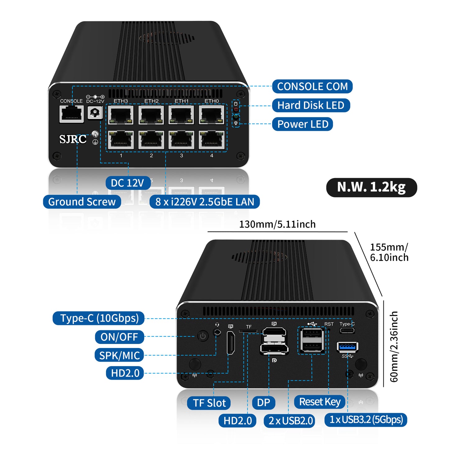 CWWK Mini PC Firewall Micro Appliance,8 x i226V 2.5GbE LAN, DDR5 32GB RAM 2TB NVMe SSD, Support OPNsense, USB3.2, Type-C, TF Slot, 4 Display, Console