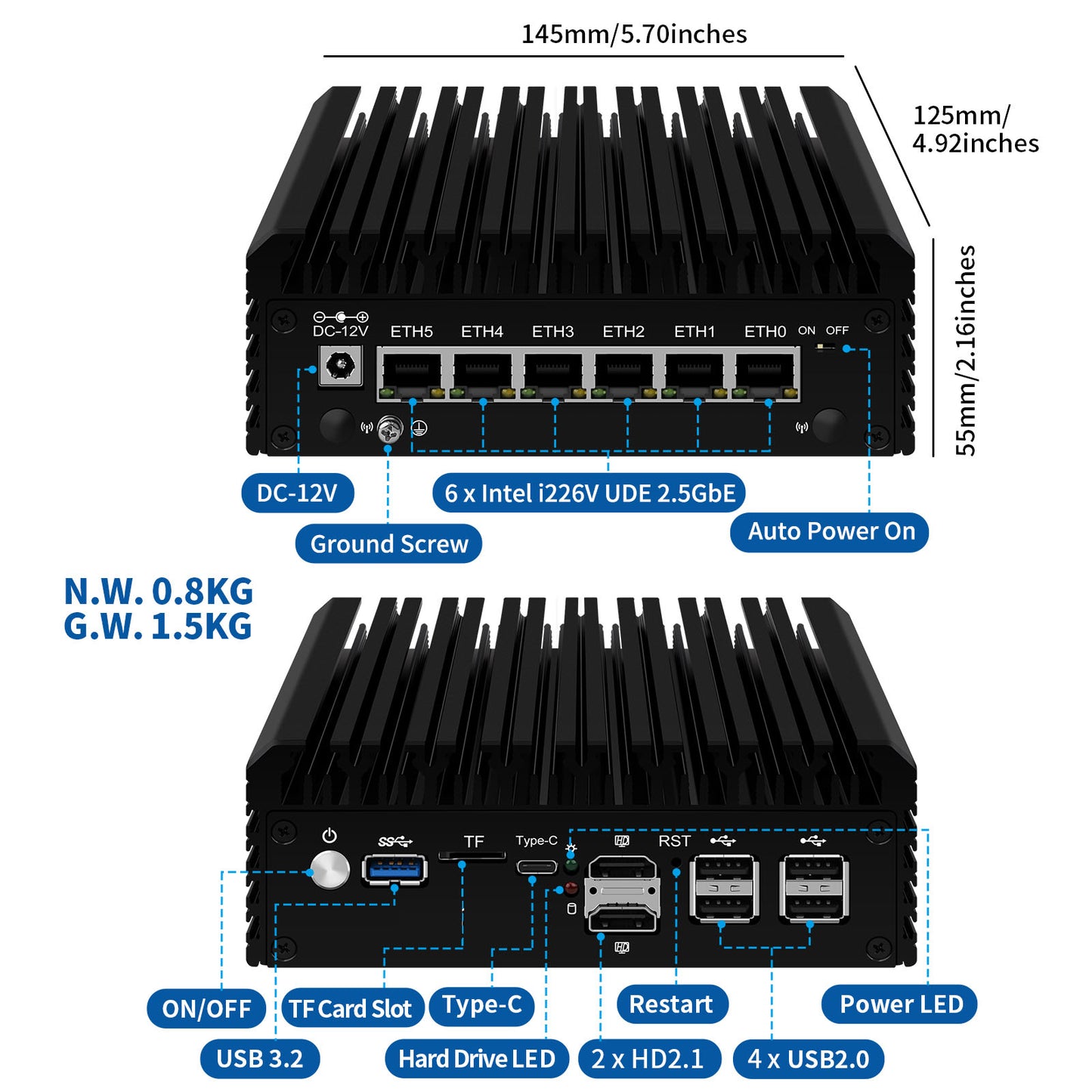 CWWK Mini Computer Fanless Firewall Micro Router Appliance, 12th Gen Core i3 N305 8C/8T DDR5 16GB RAM 128GB SSD, 2.5GbE I226-V Computer, TF, AES-NI, Support Pfsense, OPNsense