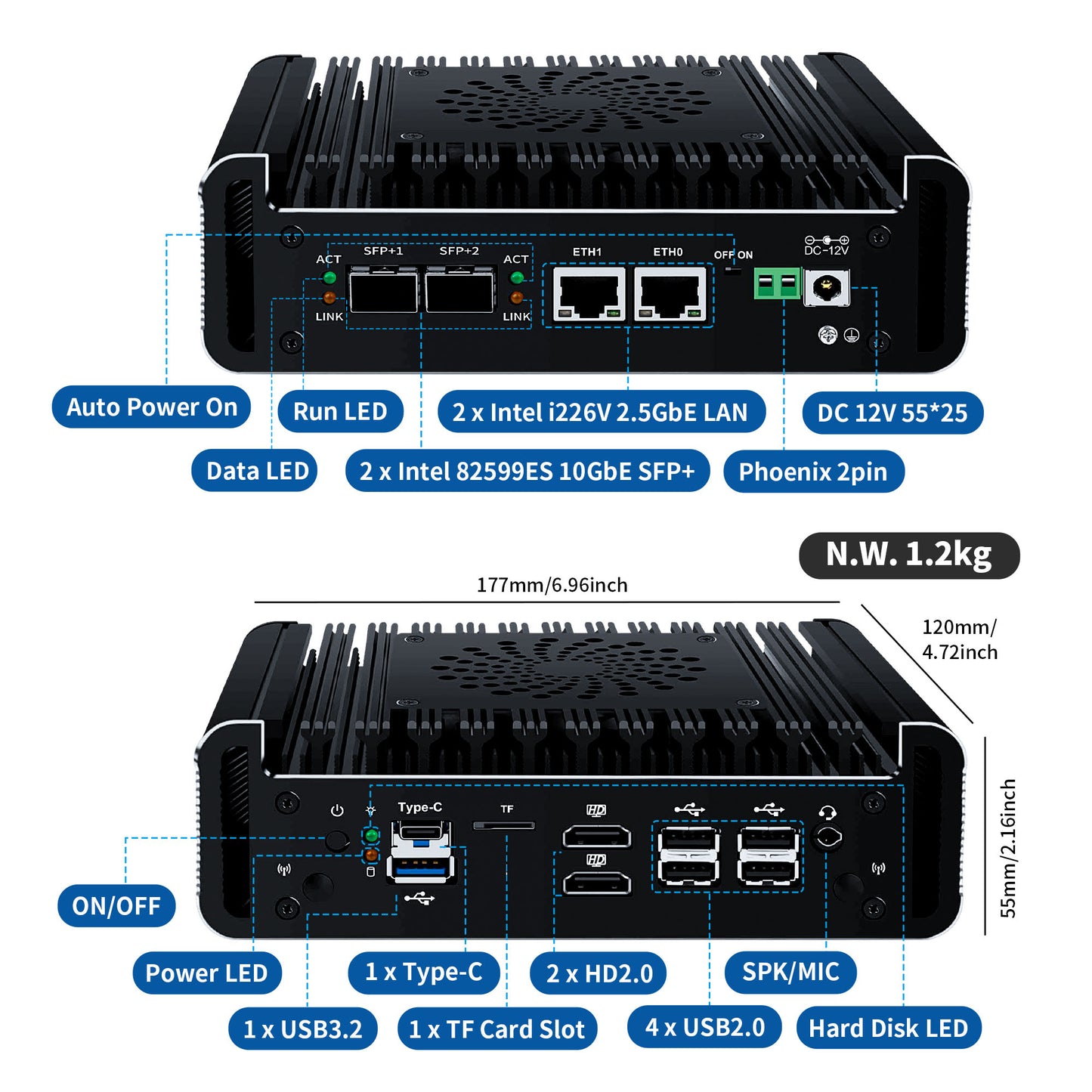 CWWK Micro Firewall Applicance Dual 10Gbe Mini PC 12th Gen Octa Core i3 N305 / N100, 2xSFP+ 10Gbps, 2X i226V 2.5GbE LAN, DDR5 16G RAM M.2 NVMe 256G SSD, Support OPNsense, TF, 2xHD, Type-C