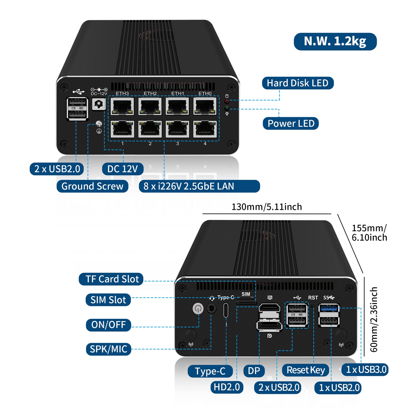 CWWK Mini PC Firewall Micro Appliance, 12th Gen Core i3 N305,8 Port i226V 2.5GbE LAN,12th Gen Alder Lake N200, OPNsense Router Hardware, Type-C, TF, SIM slot, 3 Display, DDR5 8GB RAM 128GB NVMe SSD