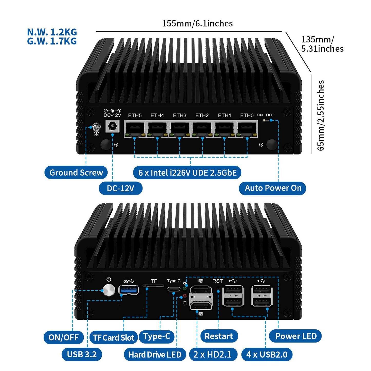 CWWK Mini PC Firewall Fanless Micro Router Appliance, 12th Gen Core i3 N305 8C/8T DDR5 8GB RAM 128GB SSD, 6 x 2.5GbE I226-V Computer, AES-NI, TF, Type-C, Support Windows, OPNsense