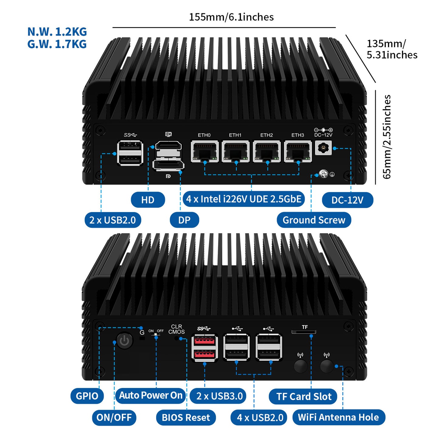 CWWK Firewall Fanless Micro Router Appliance 4 LAN,12th Gen Core i3 N305 8C/8T DDR5 8GB RAM 128GB SSD, 4 x 2.5GbE I226-V Computer, AES-NI, TF Slot, Support Windows, OPNsense