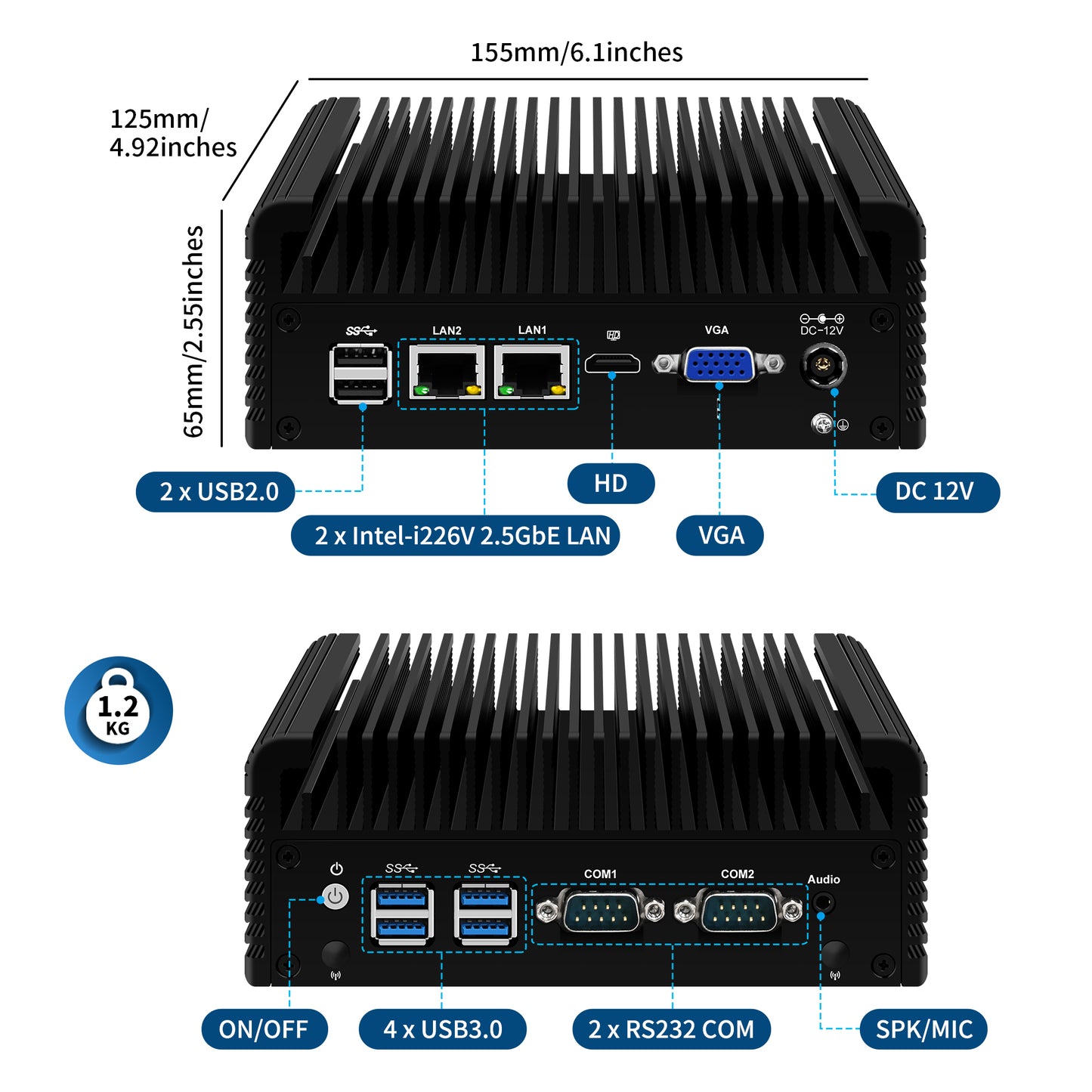 CWWK Firewall Mini PC, Core i5 5200U/Celeron N5105 Fanless Industrial Computer, 2 Port 2.5GbE i226V LAN, 2 × COM RS232 Serial Port, 8GB RAM 256GB SSD, Support WinOS, Linux, Wifi/BT, VGA, SIM slot