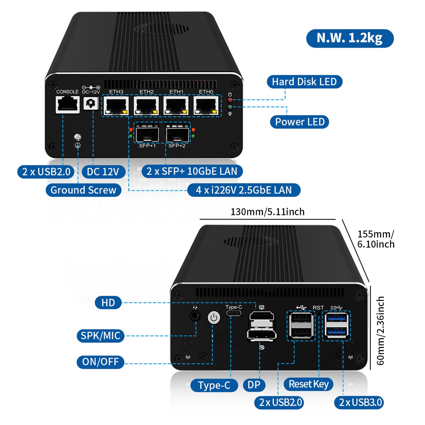 CWWK Firewall 10GbE Mini PC, 4C/8T Core i3 1115G4/Core i5 1135G7 / Core i7 1185G7 Micro Applicance, Dual SFP+ 10 Gigabit, 4 x i226V 2.5GbE LAN, DDR4 16GB RAM 512GB SSD, Support OPNsense, HD, DP, Typc-C, 4K, TF