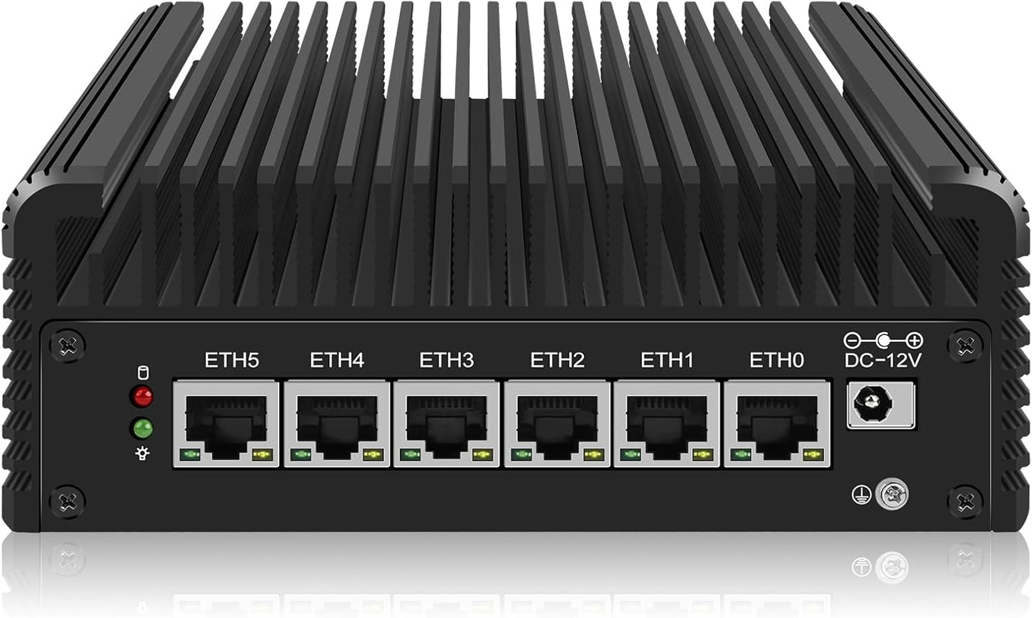 2.5GbE Fanless Firewall PC, 6X i226-v LAN Ports Mini PC with Pentium Gold 8505 5-core 6-Threads, up to 4.4GHz, Support Triple Display, 2X USB3.2 10Gbps, 2X DDR4, 1x M.2 NVMe*4, 2X SATA3.0
