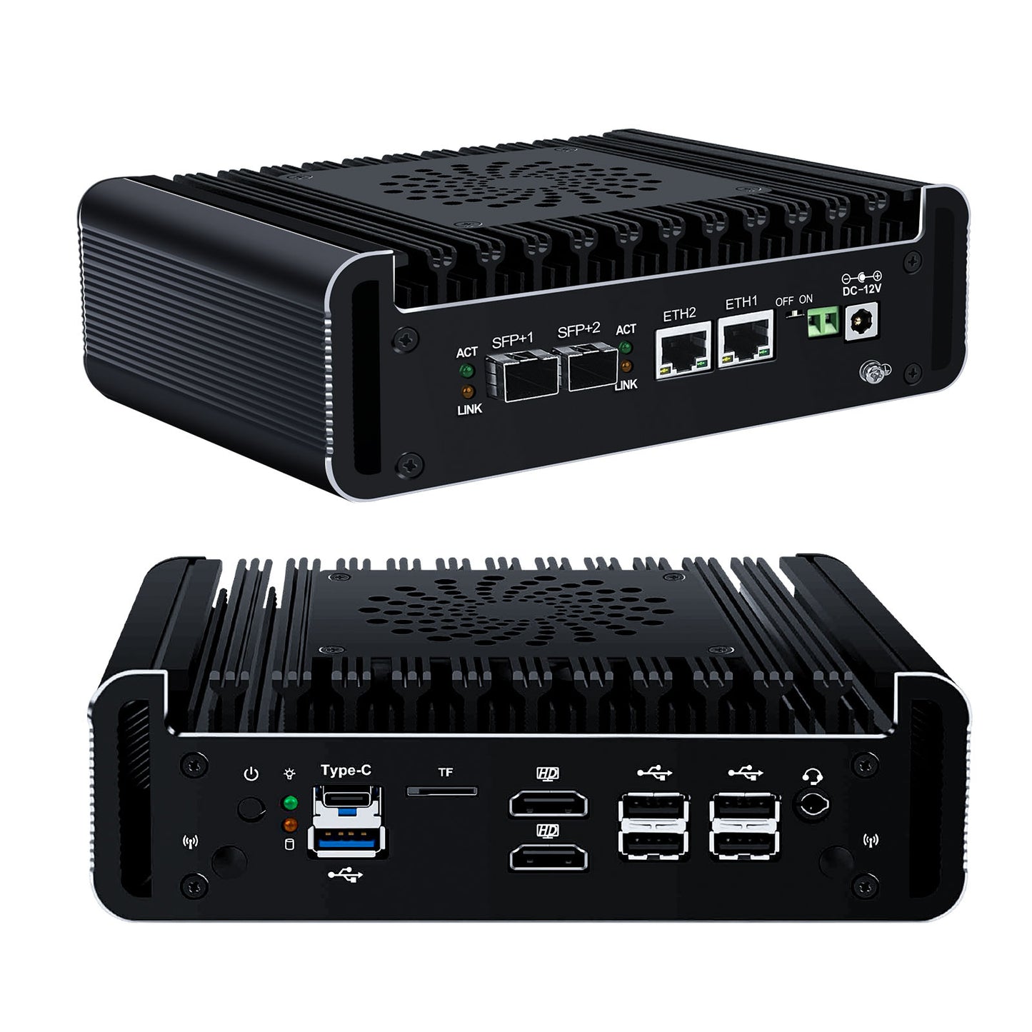 CWWK Micro Firewall Applicance Dual 10Gbe Mini PC 12th Gen Octa Core i3 N305 / N100, 2xSFP+ 10Gbps, 2X i226V 2.5GbE LAN, DDR5 16G RAM M.2 NVMe 256G SSD, Support OPNsense, TF, 2xHD, Type-C