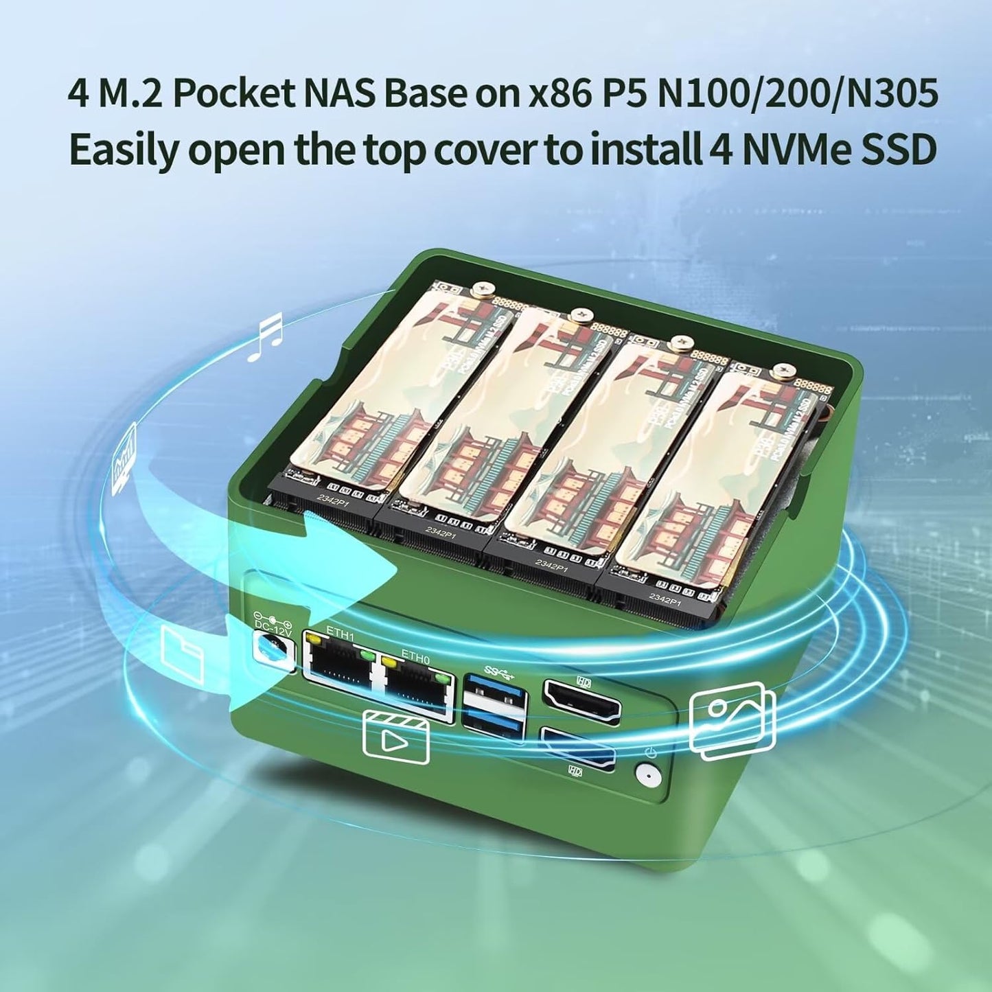 CWWK 4 Bay NAS Mini PC i3 N305/ N200, 4 x NVMe Micro NAS Server for Home Desktop Computer, Dual i226-V 2.5GbE LAN Small NAS PC with USB3.2, Support WiFi7/BT5.4, DDR5 RAM/SSD