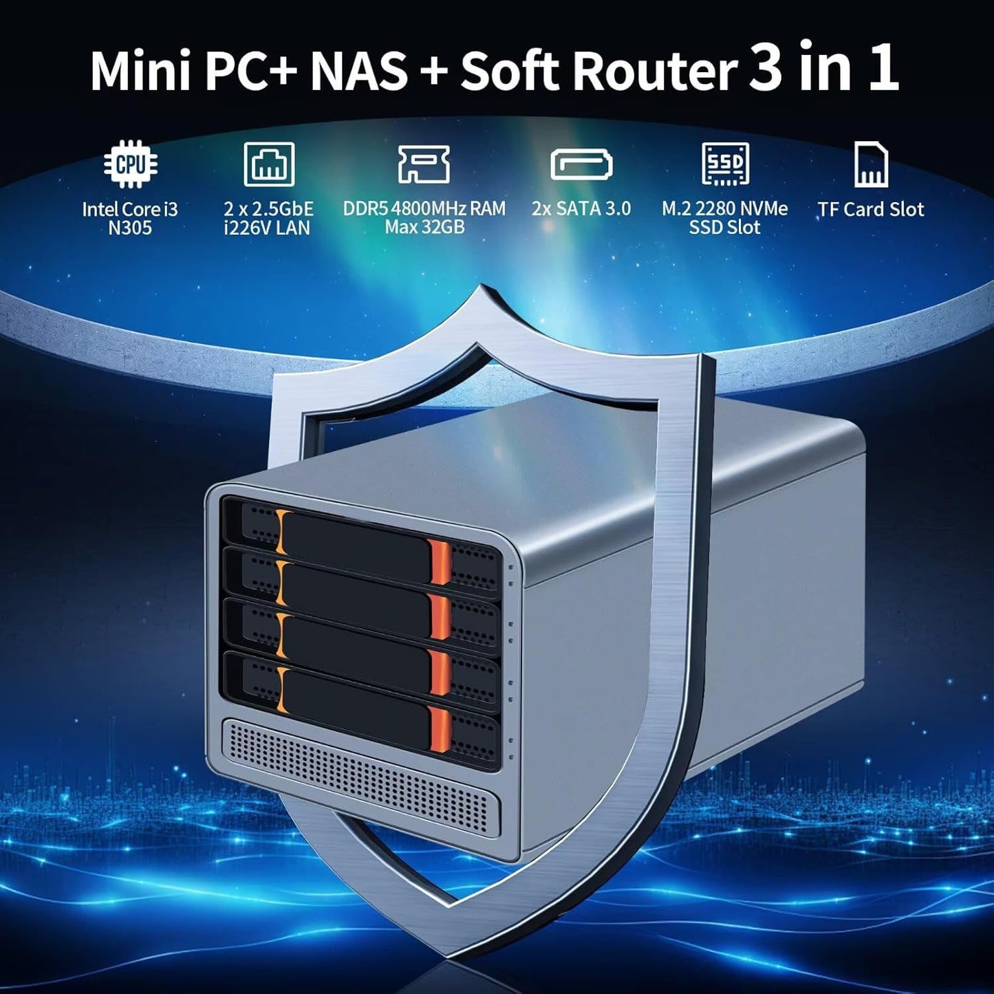 Mini PC NAS Core i3 N305, 4 Bay Network Storage Server, 3-in-1 Micro Computer, Dual i226V 2.5GbE LAN, Soft Router, SPK/MIC, 8GB DDR5 RAM 256GB SSD, 2 x 4TB HDD