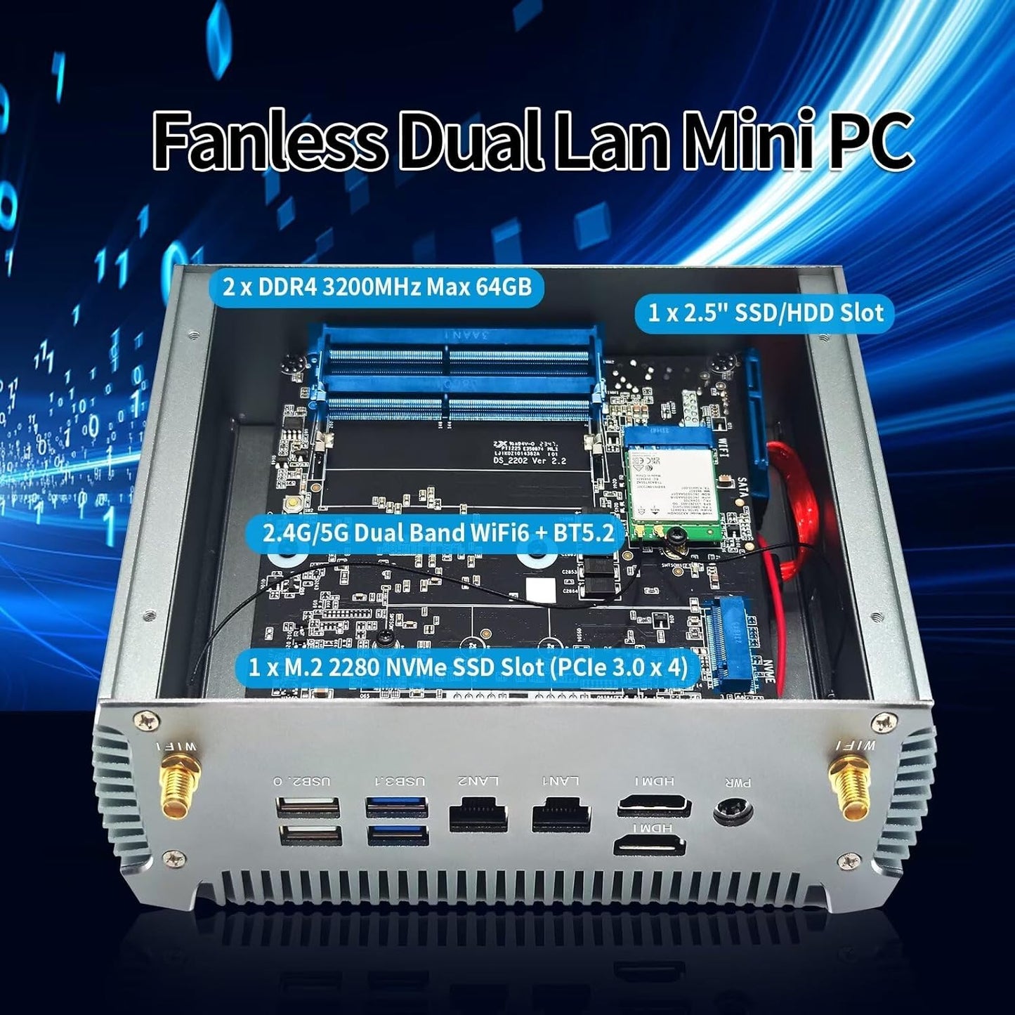 Mini PC Fanless AMD R7 5825U 8 Cores 16 Threads, Small Office Industrial Desktop Computer, WiFi6 BT5.2, UHD 4K Dual Display, Barebone, NO RAM NO Storage NO System