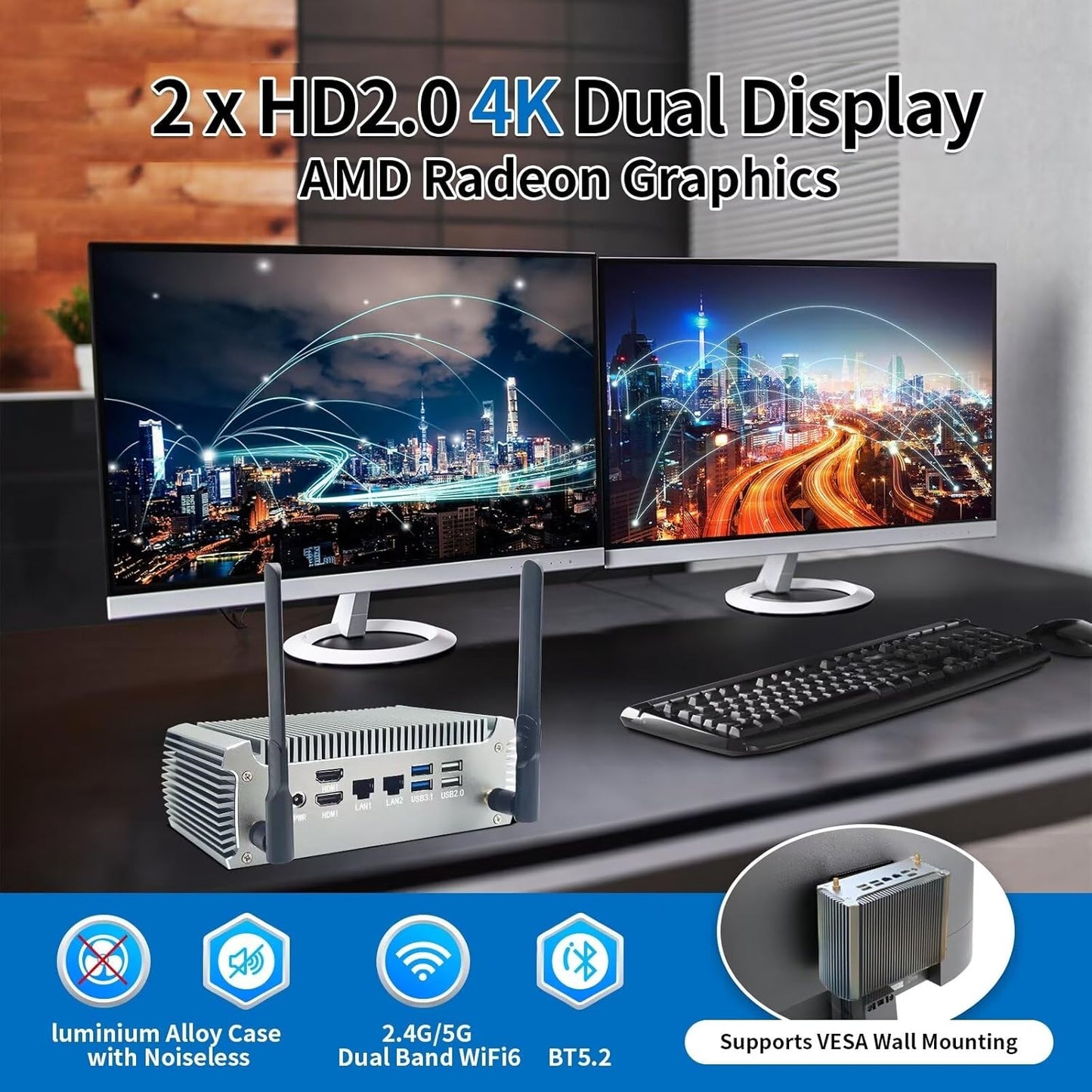 Mini PC Fanless AMD R7 5825U 8 Cores 16 Threads, Small Office Industrial Desktop Computer, WiFi6 BT5.2, UHD 4K Dual Display, Barebone, NO RAM NO Storage NO System