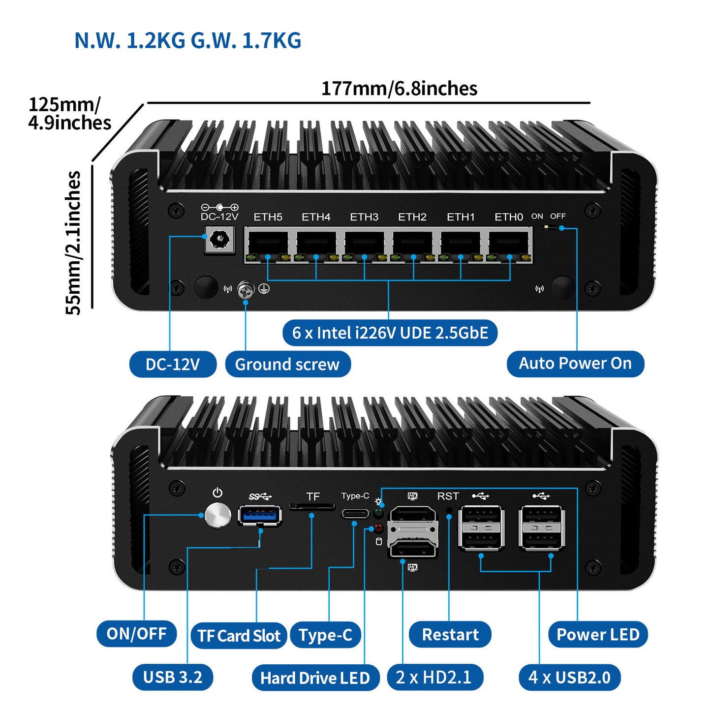 CWWK Firewall Micro Appliance 6 LAN, Fanless Mini PC Octa Core i3 N305, OPNsense Hardware, 6 Port i226-V 2.5G LAN, AES-NI, TF Slot, Type-C, Windows 11 Pro, 32GB DDR5 RAM 2TB NVME SSD