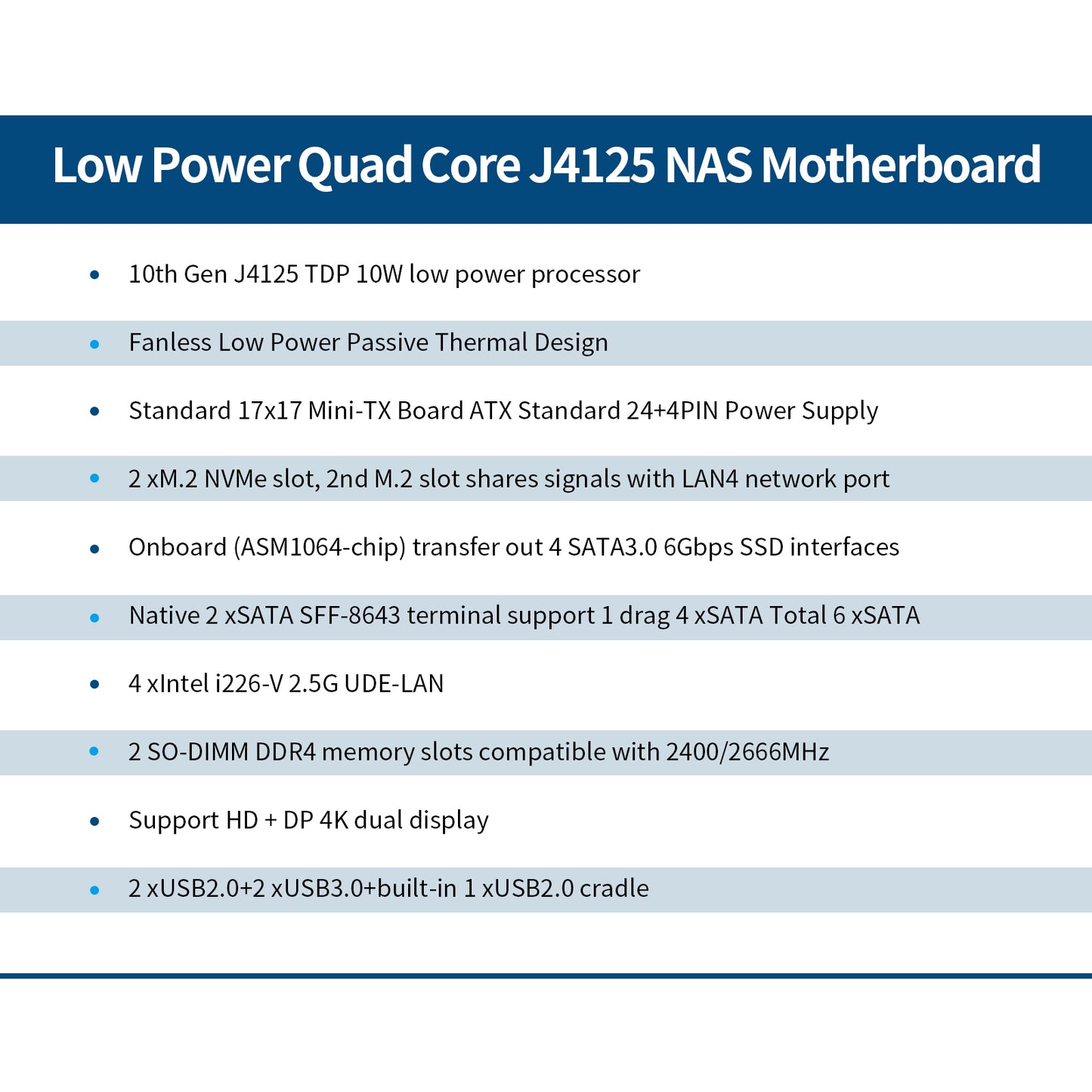 CWWK NAS Motherboard, 6 Bay, Celeron J4125 4 Cores 4 Threads TDP10W, Mini Itx, 4 × I226V 2.5GbE LAN, DDR4 8GB RAM 128GB NVMe SSD, 1 × SFF-8643, DP + HD(4K@30Hz) Dual Display