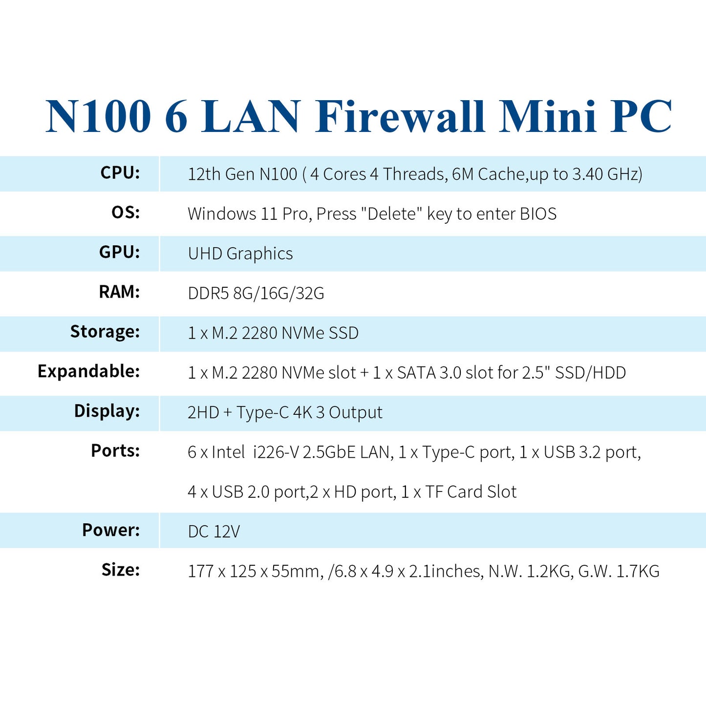 CWWK Firewall Micro Appliance 6 LAN, Fanless Mini PC Quad Core N100, OPNsense Hardware, 6 Port i226-V 2.5G LAN, AES-NI, TF Slot, Type-C, Windows 11 Pro, 8GB DDR5 RAM 128GB NVME SSD