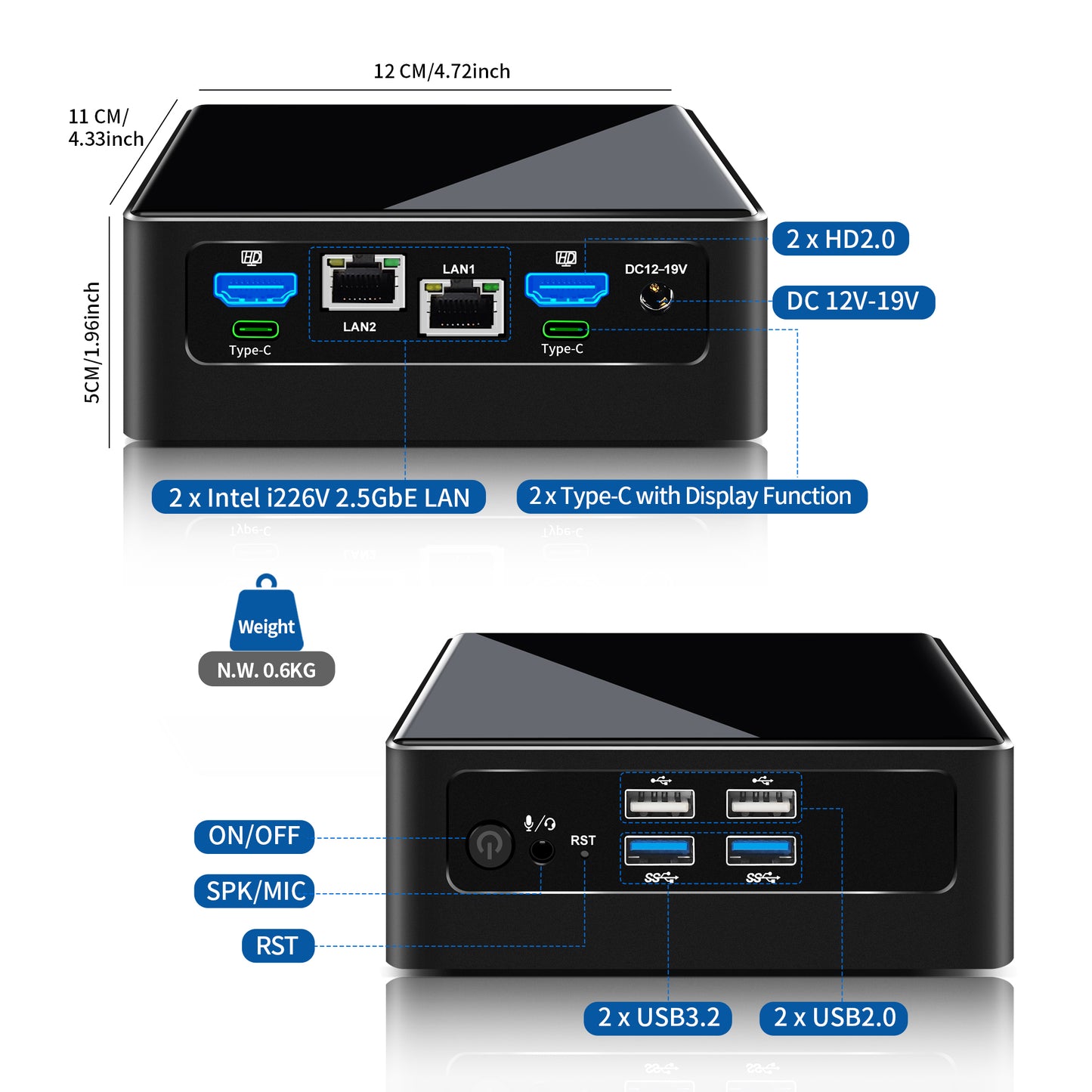 CWWK Mini PC 12th Gen Core i5 / 13th Gen U300 , Small Office PC Micro Desktop Computer, Dual i226-V 2.5GbE LAN, DDR5 16GB RAM 1TB M.2 NVMe(PCIe4.0 x 4) SSD, 4 Display, WiFi6 BT5.2, USB3.2, Win11 Pro