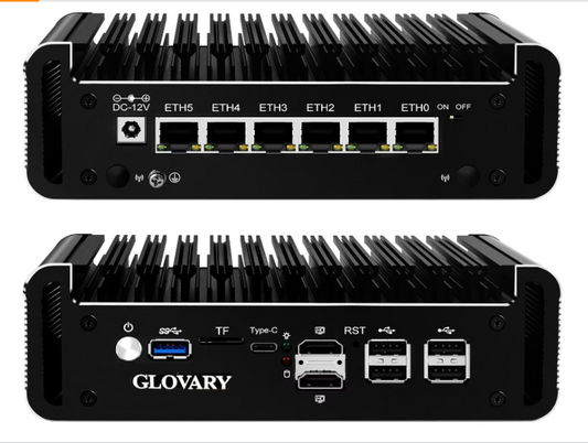 GLOVARY Firewall Mini PC Quad Core N100, DDR5 8GB RAM 128GB NVMe SSD, 6 x 2.5GbE i226V LAN Fanless Computer Hardware, Micro Router Appliance, AES-NI, OPNsense, TypeC Port, TF Card Slot