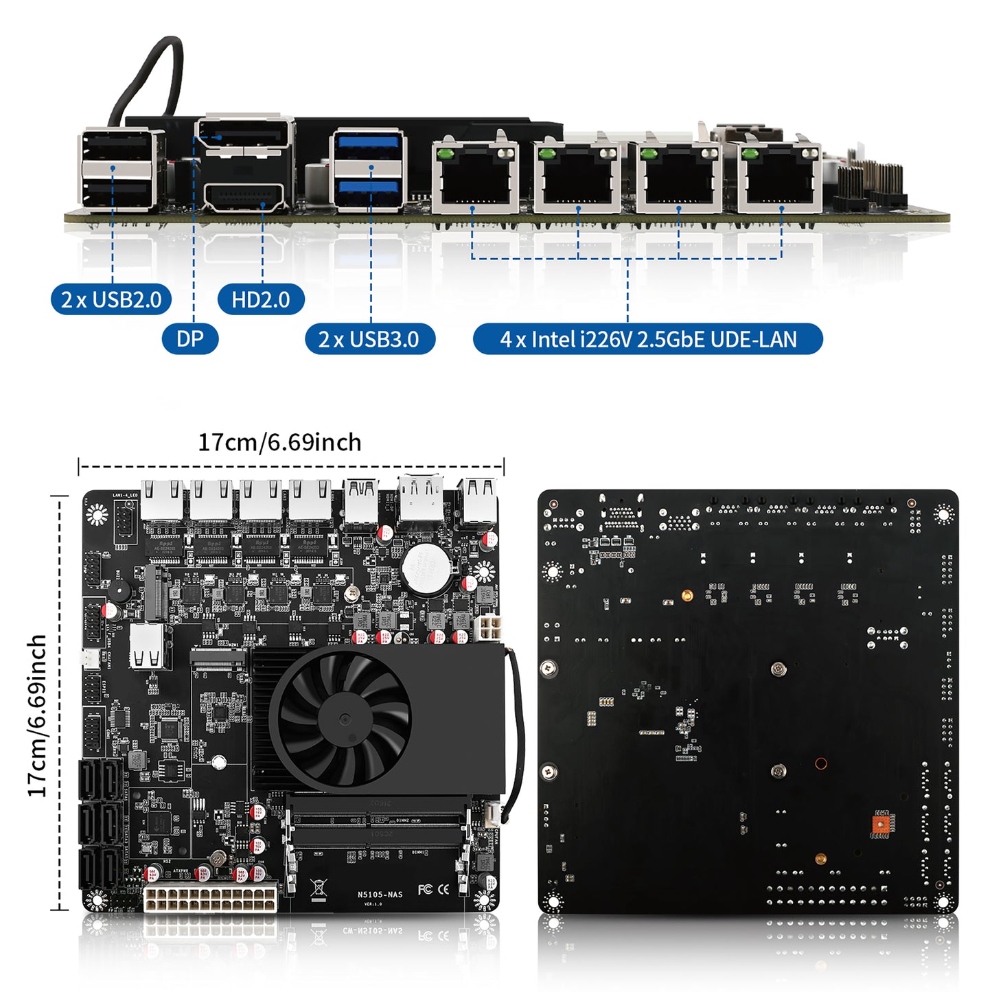 CWWK NAS Motherboard 6 Bay Celeron N5105  / Pentium N6005 Quad Core Mini-ITX NAS Mainboard, 6 x SATA3.0, 4 x i226V 2.5GbE LAN, Dual M.2 NVMe, TDP 10W Low Power, HD, DP, DDR4 16GB RAM 256GB SSD