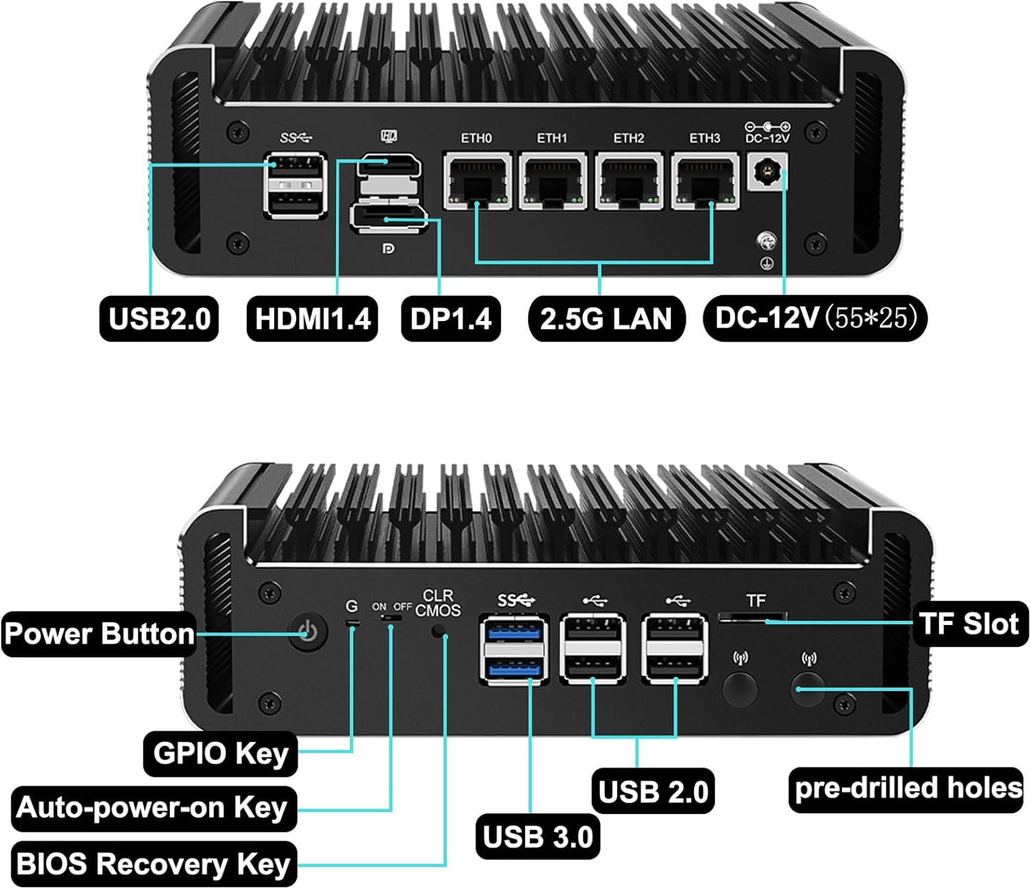 Mini Firewall PC 4 2.5GbE i226V LAN Ports, N100 4-core Fanless Computer wtih DDR5 RAM, 1* M.2 NVMex4, Micro Soft Router Appliance for Network Security, ASE-NI (16G RAM 256G SSD)