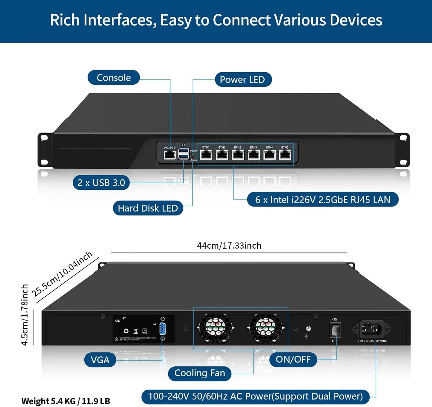 CWWK 1U Firewall Appliance N305/N100, 6 x i226-V 2.5GbE LAN Firewall Hardware VPN Router PC, DDR5 16GB RAM 128GB SSD OPNsense Hardware 19”Rackmount for Homelab Server with VGA, SIM