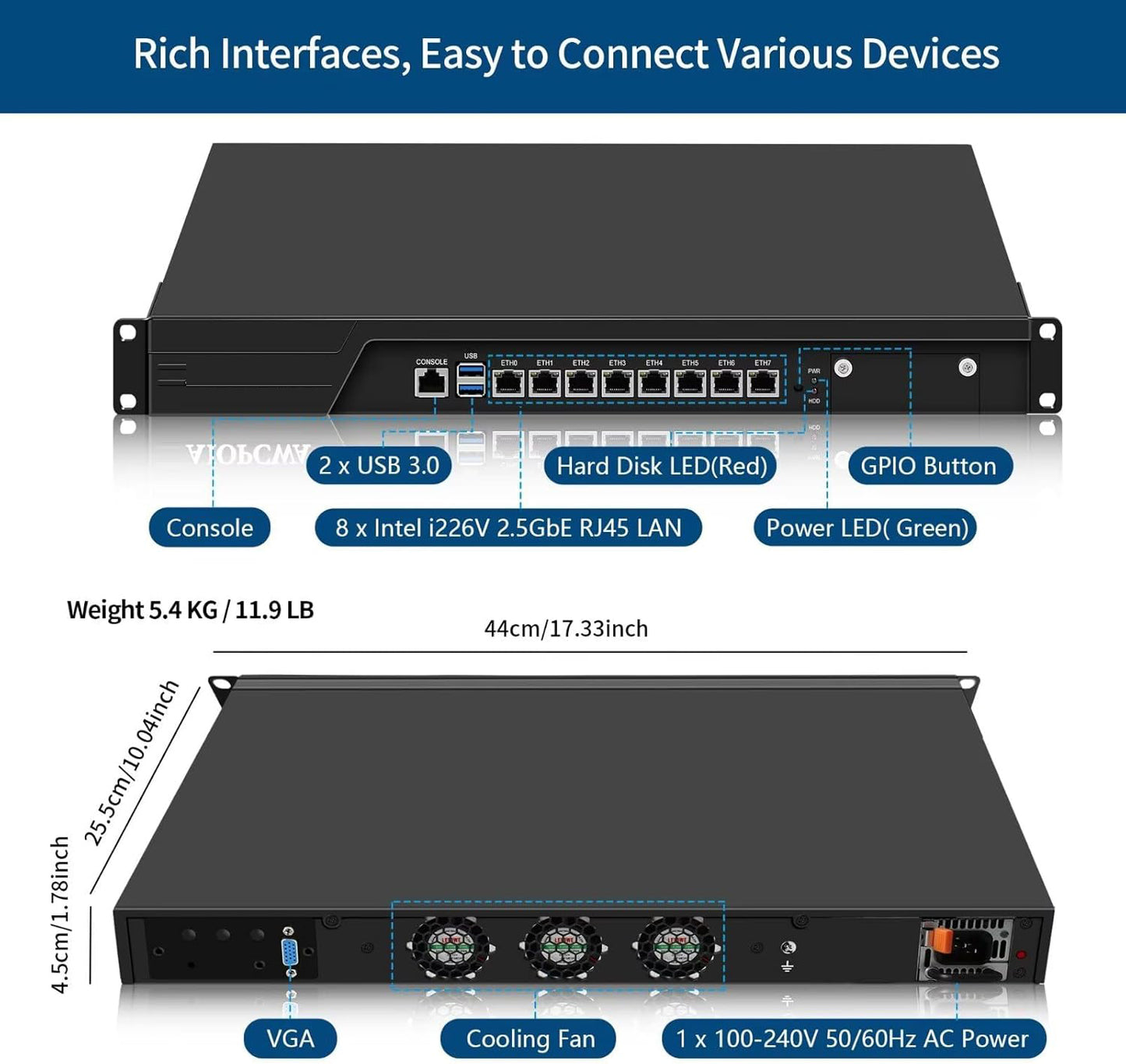 CWWK  1U Firewall Appliance B150 Core i3 7100/i5 7500/i7 7700, 8 x i226V 2.5GbE LAN Firewall Hardware VPN Router PC, 16GB RAM 1TB SSD OPNsense Hardware 19”Rackmount for Homelab with VGA, SIM