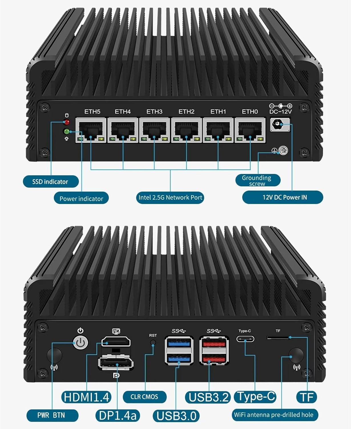 2.5GbE Fanless Firewall PC, 6X i226-v LAN Ports Mini PC with Pentium Gold 8505 5-core 6-Threads, up to 4.4GHz, Support Triple Display, 2X USB3.2 10Gbps, 2X DDR4, 1x M.2 NVMe*4, 2X SATA3.0