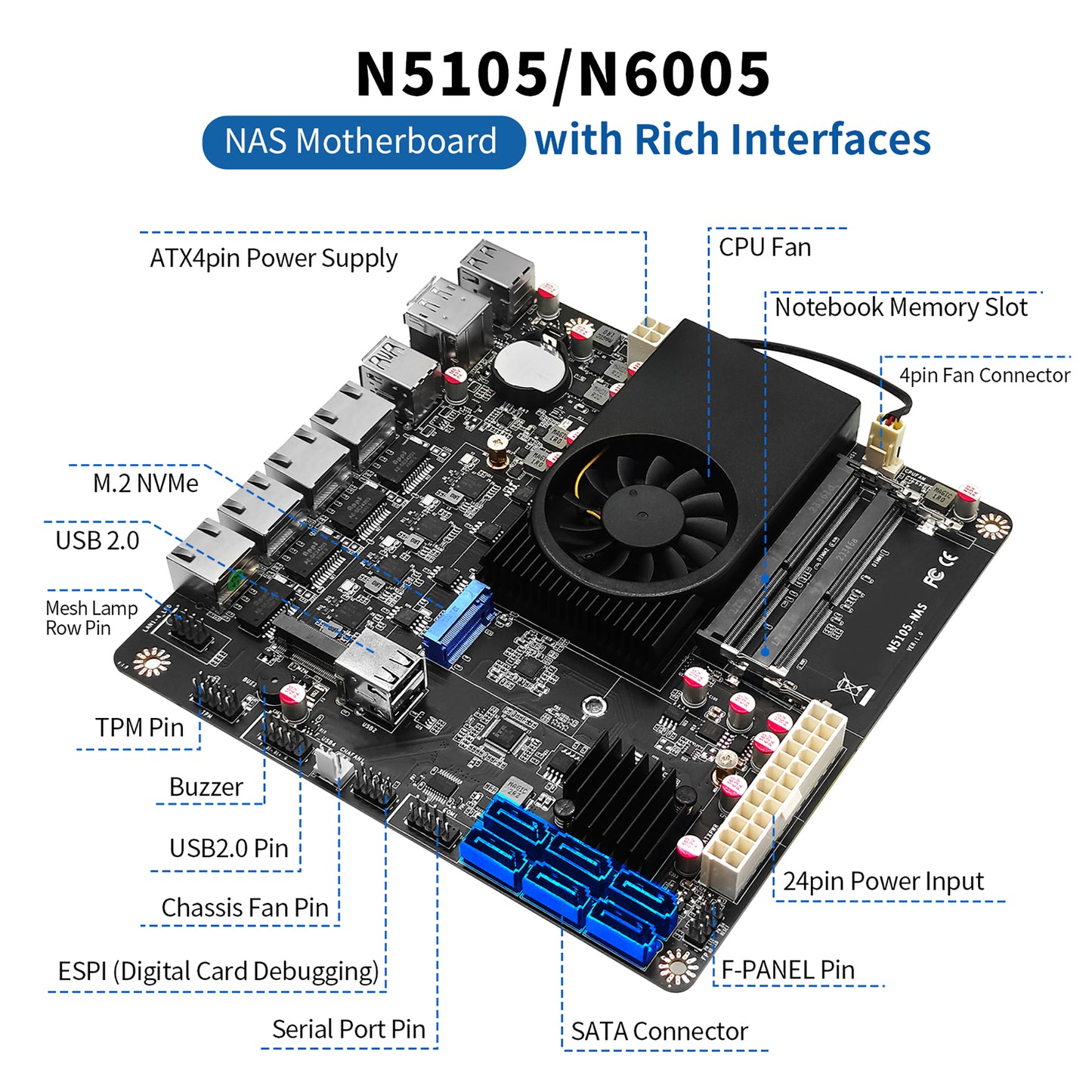 CWWK NAS Motherboard 6 Bay Celeron N5105  / Pentium N6005 Quad Core Mini-ITX NAS Mainboard, 6 x SATA3.0, 4 x i226V 2.5GbE LAN, Dual M.2 NVMe, TDP 10W Low Power, HD, DP, DDR4 16GB RAM 256GB SSD