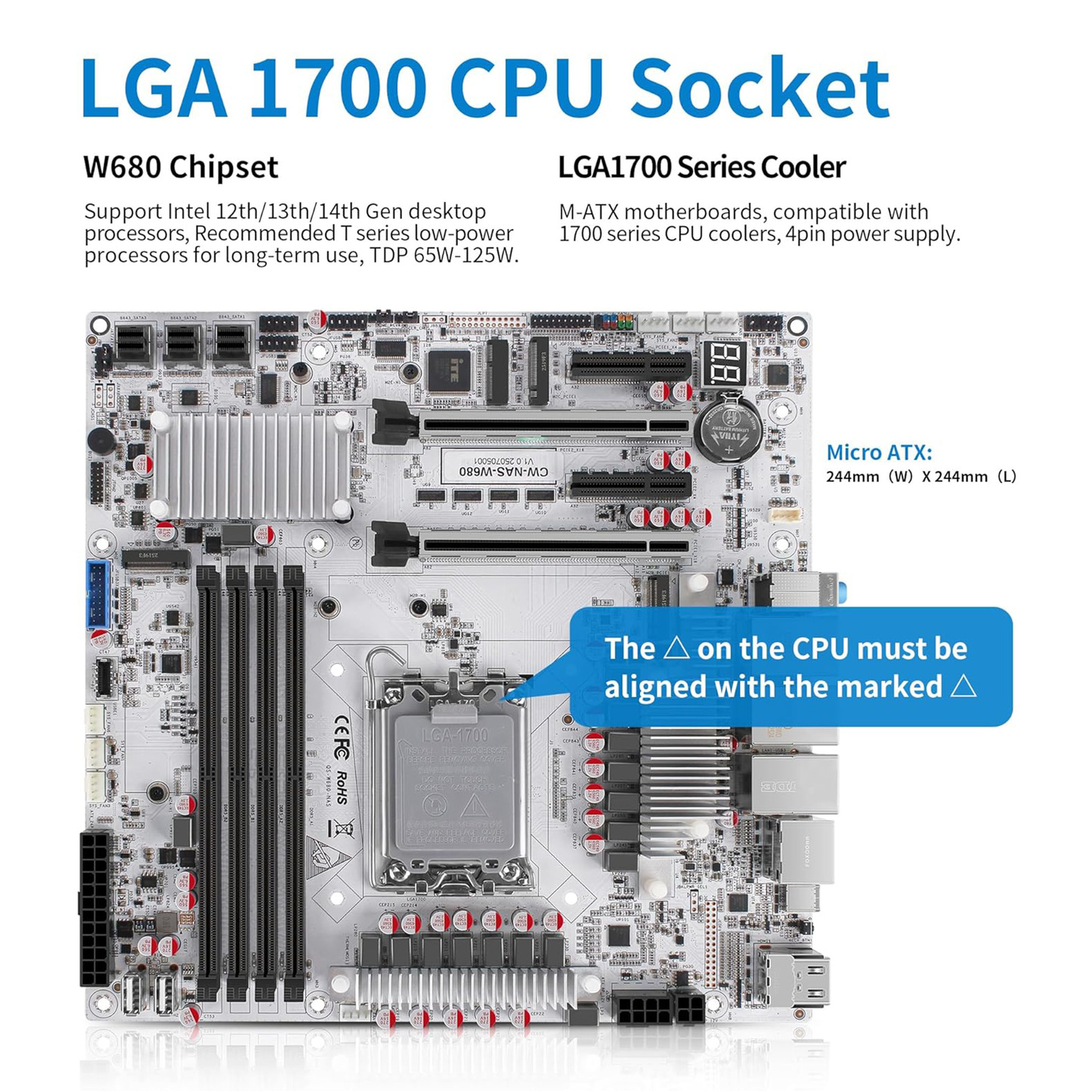 (Second-hand) CWWK W680 NAS Motherboard Micro ATX 12 Bay, LGA 1700 mATX White PC Mainboard with 10GbE&2 * 2.5GbE RJ45 LAN, 4 x DDR5 Desktop RAM (support ECC), 3 x NVMe, PCIe5.0 x16, vPro, USB-C